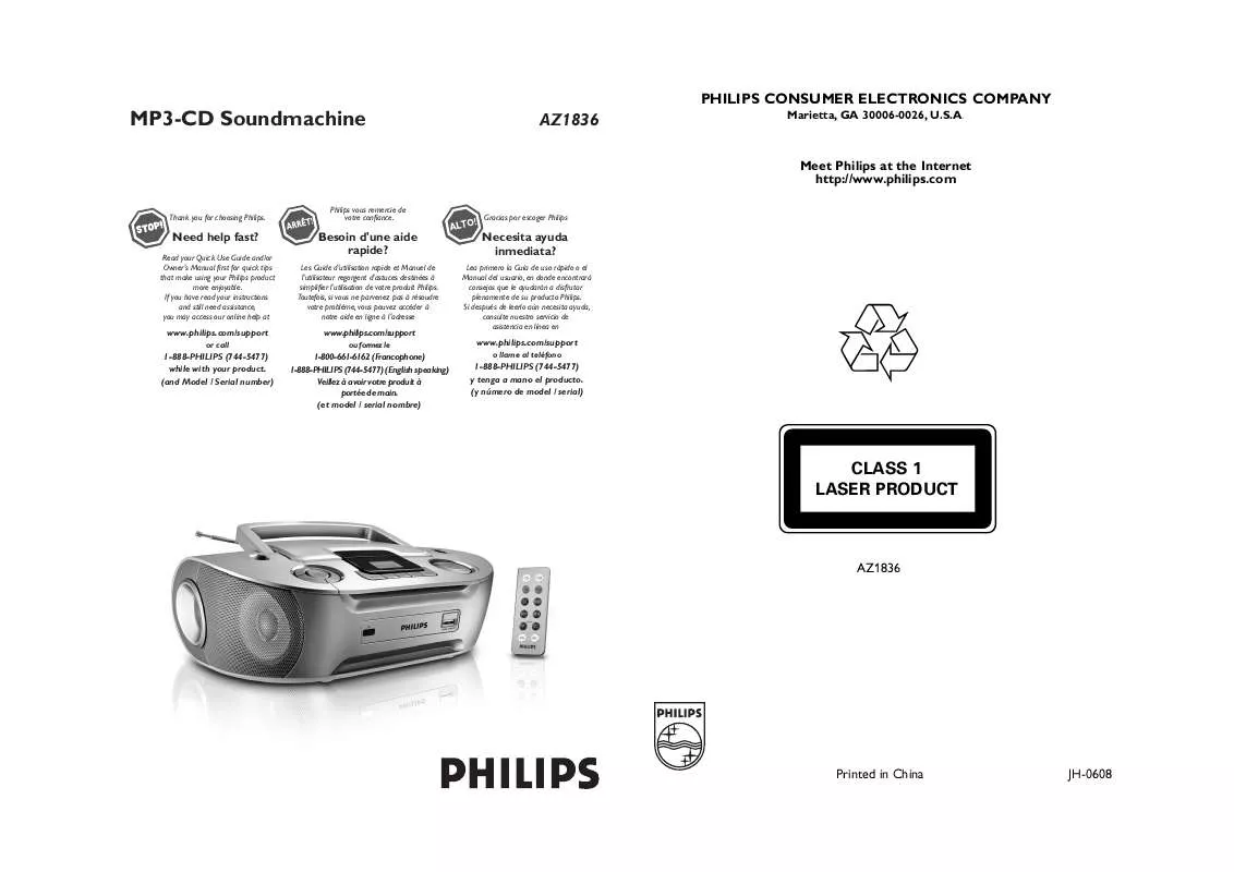 Mode d'emploi PHILIPS MP3 CD SOUNDMACHINE AZ1836