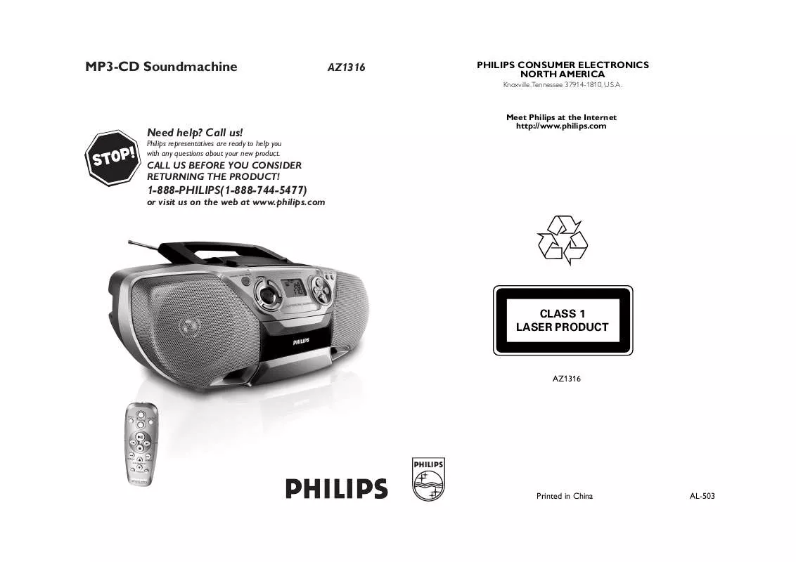 Mode d'emploi PHILIPS MP3 CD SOUNDMACHINE DYNAMIC BASS BOOST AZ1316