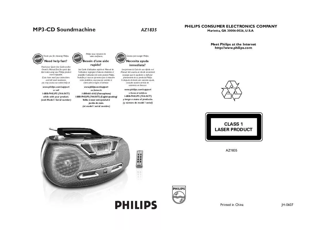 Mode d'emploi PHILIPS MP3 CD SOUNDMACHINE DYNAMIC BASS BOOST AZ1835