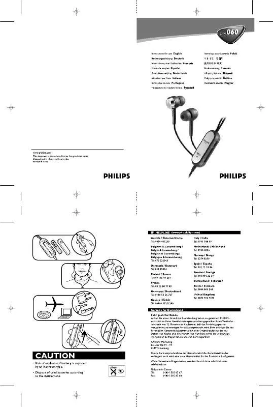 Mode d'emploi PHILIPS NOISE CANCELING HEADPHONE SHN060