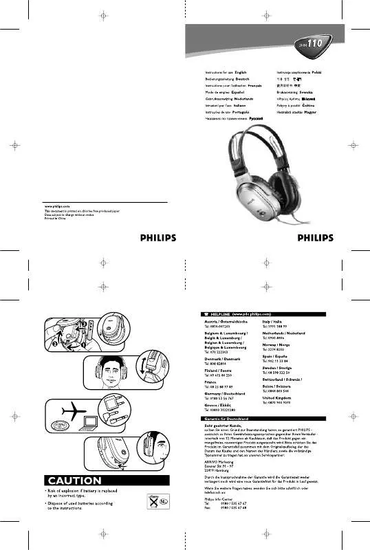 Mode d'emploi PHILIPS NOISE CANCELING HEADPHONE SHN110