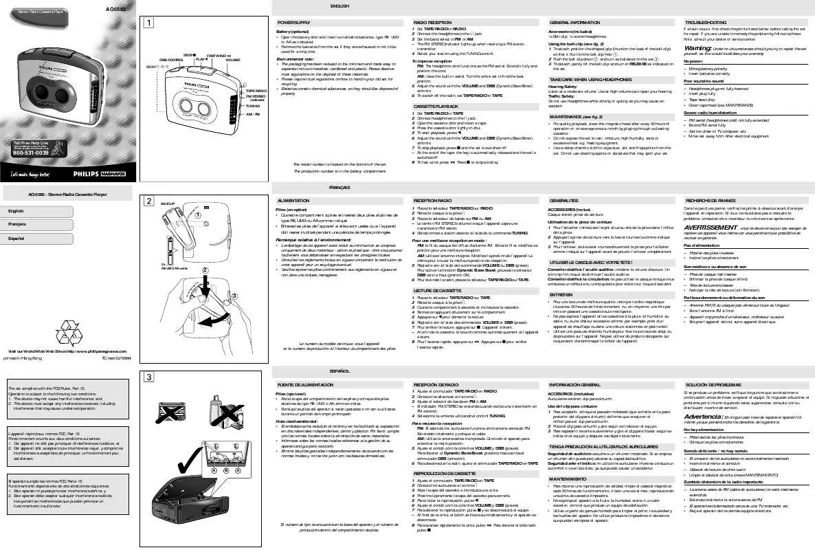 Mode d'emploi PHILIPS PERSONAL RADIO CASSETTE PLAYER AQ6582-17Z