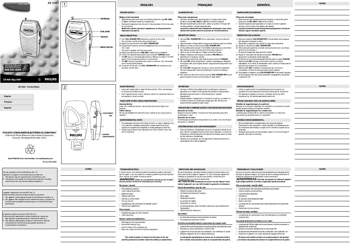 Mode d'emploi PHILIPS PORTABLE RADIO AE1505