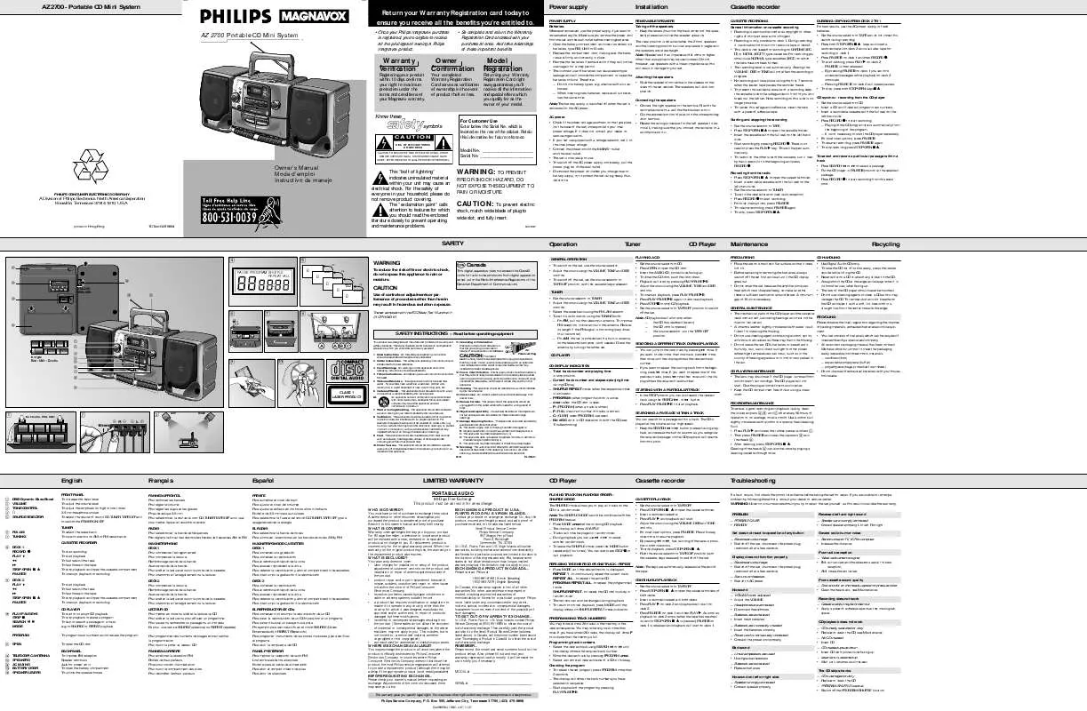 Mode d'emploi PHILIPS PORTABLE RADIO CASS REC-CD AZ2700