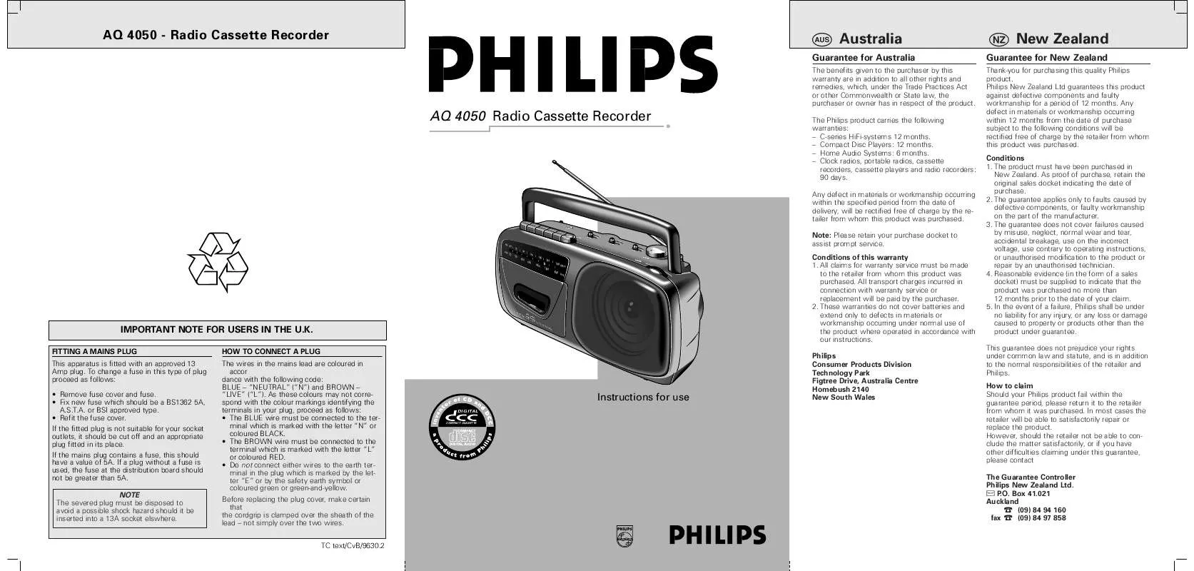 Mode d'emploi PHILIPS PORTABLE RADIO CASS REC SINGLE AQ4050