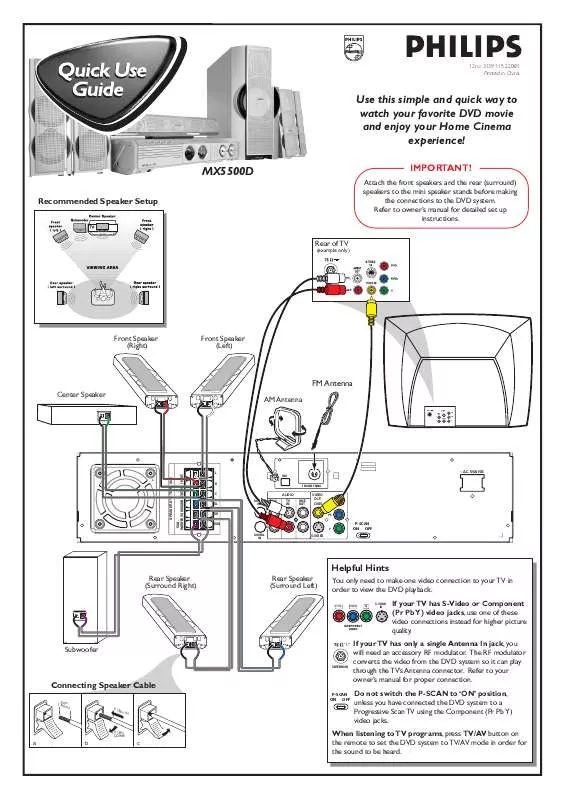 Mode d'emploi PHILIPS PROGRESSIVE SCAN DVD-SACD HOME THEATER SYSTEM MX5500D