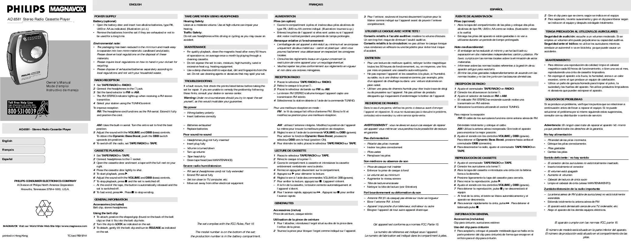 Mode d'emploi PHILIPS RADIO-CASSETTE AQ6581