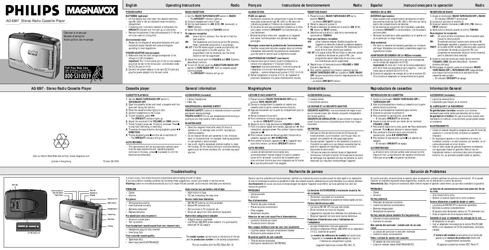 Mode d'emploi PHILIPS RADIO-CASSETTE AQ6597