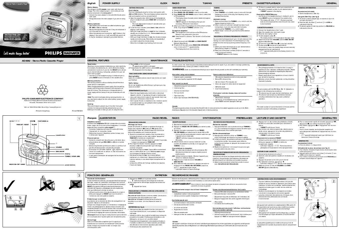 Mode d'emploi PHILIPS RADIO-CASSETTE AQ6682