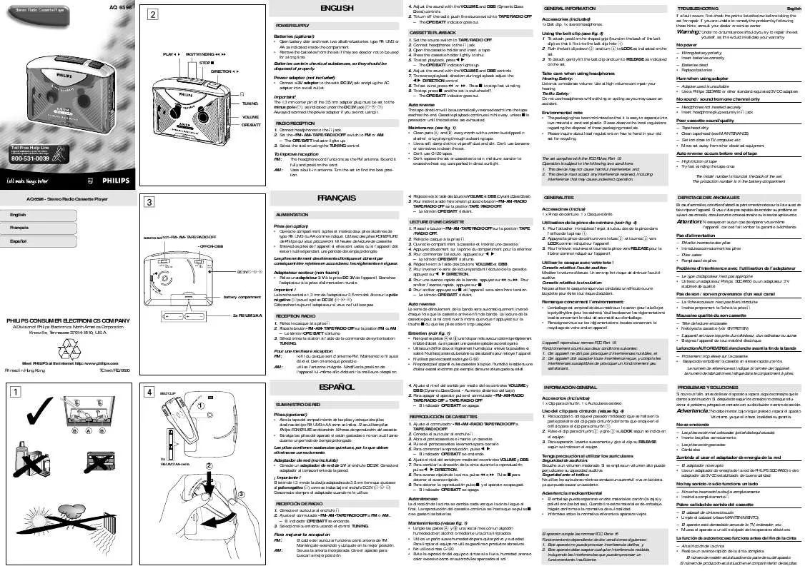 Mode d'emploi PHILIPS STEREO RADIO CASSETTE PLAYER AQ6598