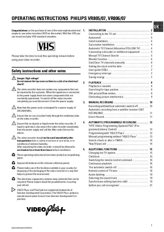 Mode d'emploi PHILIPS VR805