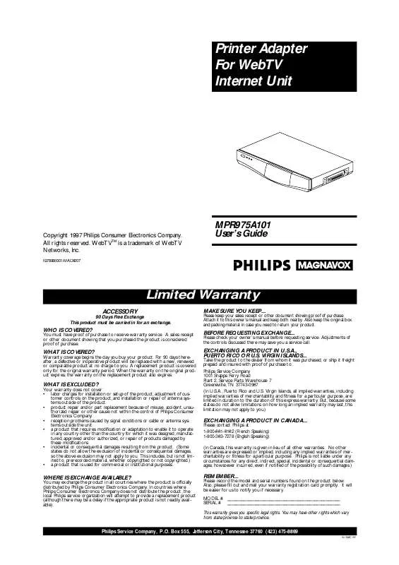 Mode d'emploi PHILIPS WEB TV ACCESSORIES MPR975A