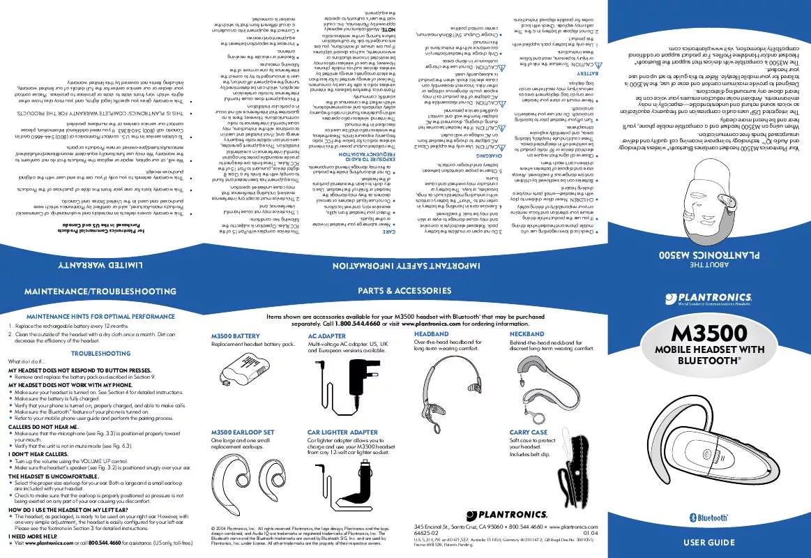 Mode d'emploi PLANTRONICS M3500