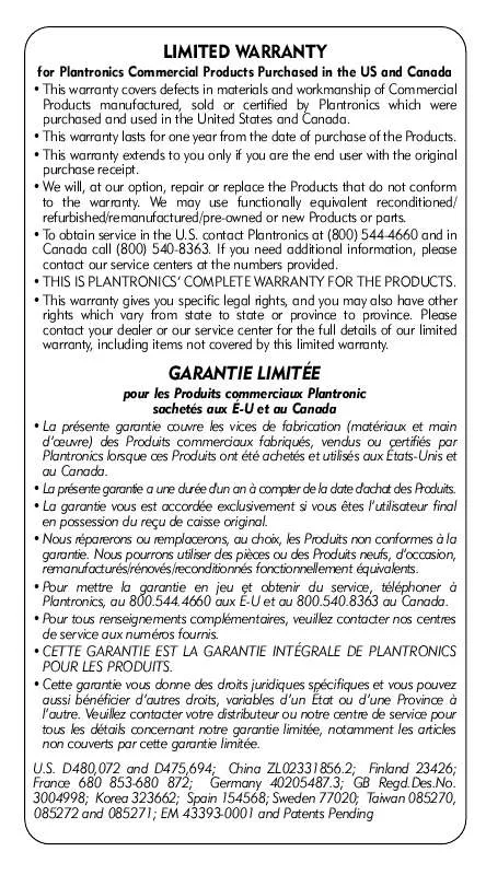 Mode d'emploi PLANTRONICS MX150PC