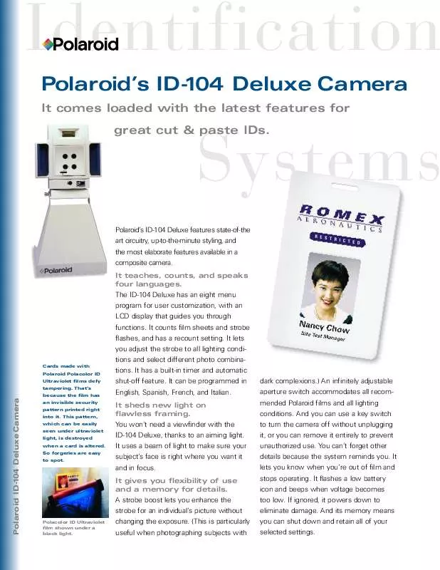 Mode d'emploi POLAROID ID100 DELUX PRODUCT INFO SHEET