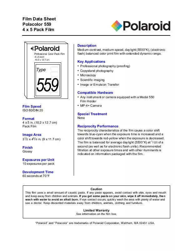 Mode d'emploi POLAROID POLACOLOR 559 FILM DATA SHEET