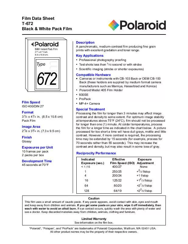 Mode d'emploi POLAROID T-672 FILM DATA SHEET
