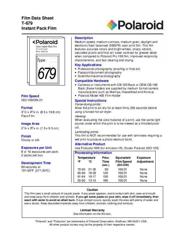 Mode d'emploi POLAROID T-679 FILM DATA SHEET