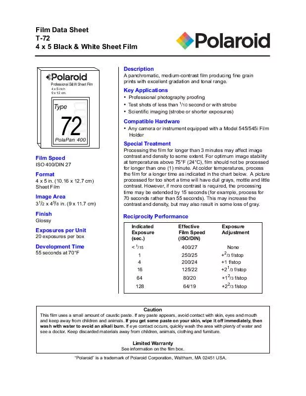 Mode d'emploi POLAROID T-72 FILM DATA SHEET
