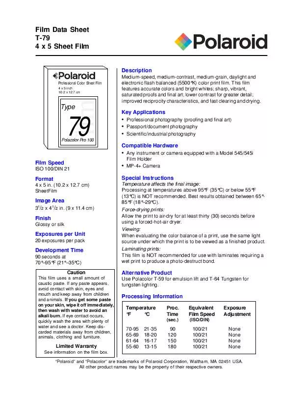 Mode d'emploi POLAROID T-79 FILM DATA SHEET