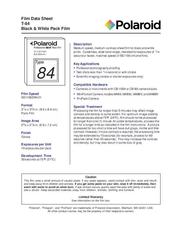 Mode d'emploi POLAROID T-84 FILM DATA SHEET