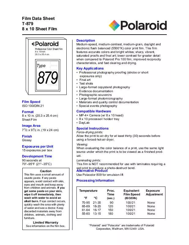 Mode d'emploi POLAROID T-879 FILM DATA SHEET