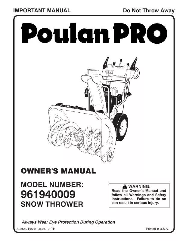 Mode d'emploi POULAN PRO 961940009