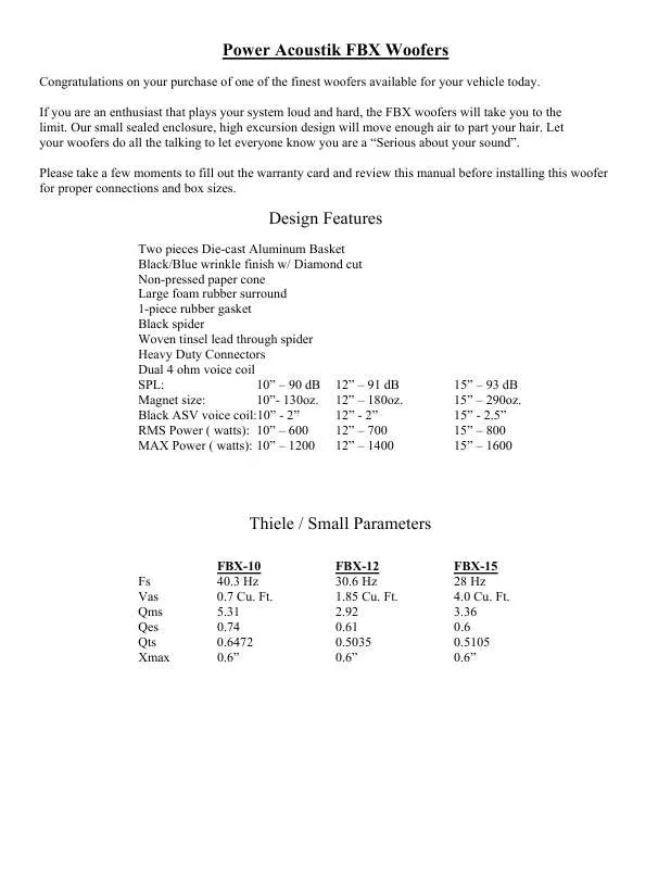 Mode d'emploi POWER ACOUSTIK FBX-10