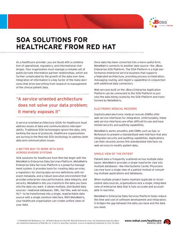 Mode d'emploi REDHAT SOA SO LUTIONS FOR HEALTHCARE FROM RED HAT