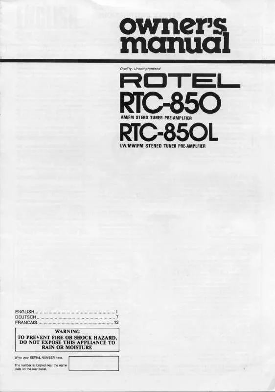 Mode d'emploi ROTEL RTC-850L