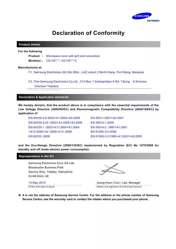 Mode d'emploi SAMSUNG CE1180GWT