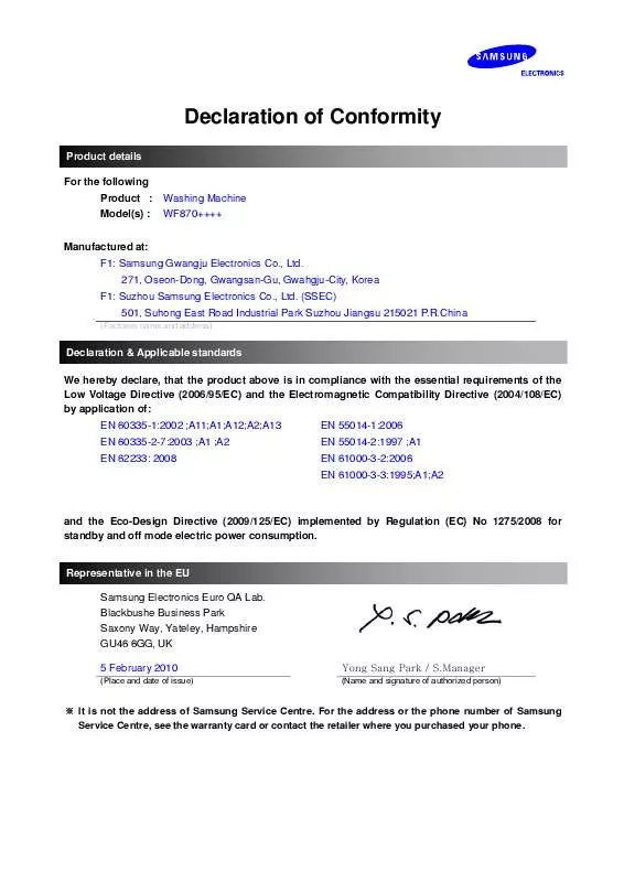 Mode d'emploi SAMSUNG DIAMOND LINE WF8704APA