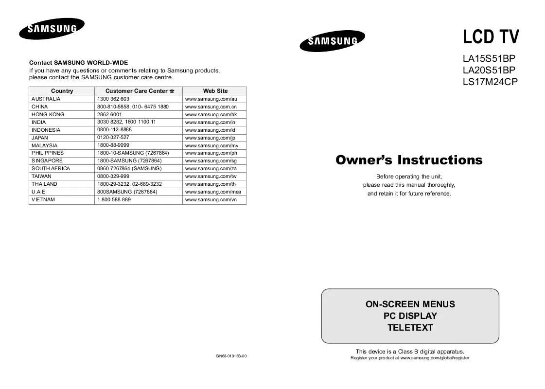 Mode d'emploi SAMSUNG LA15S51BP