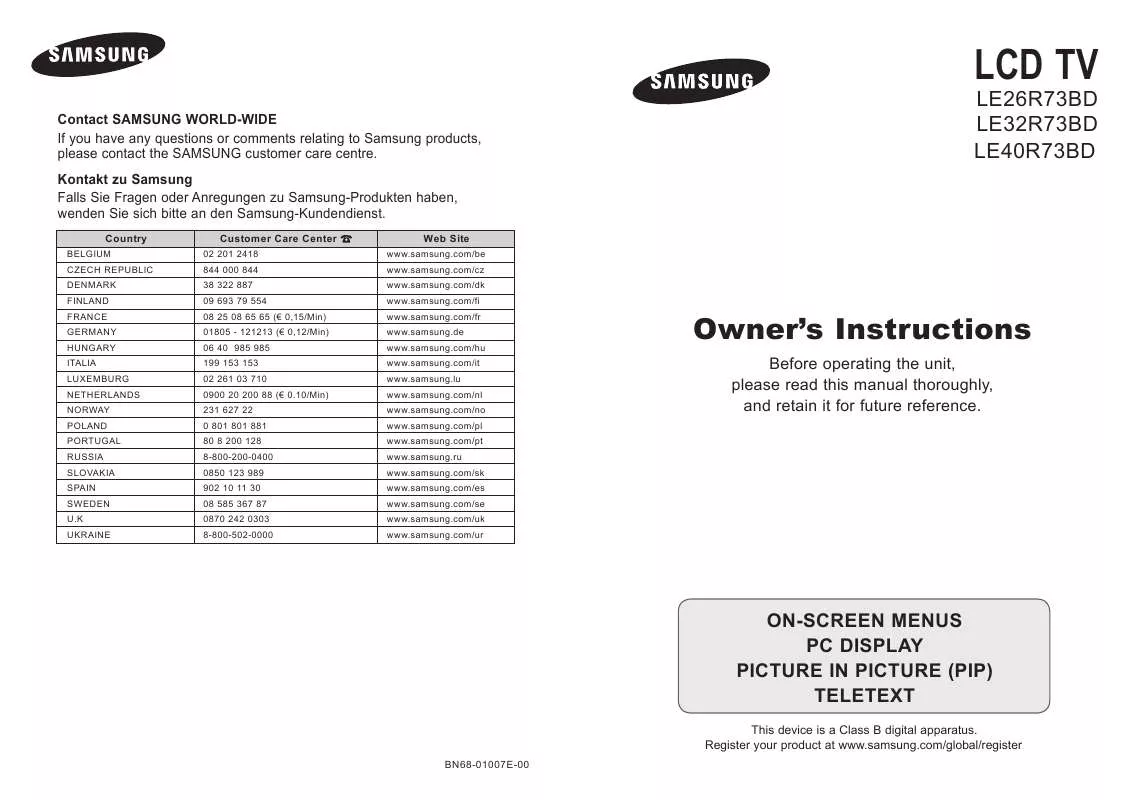 Mode d'emploi SAMSUNG LE-26R73BD