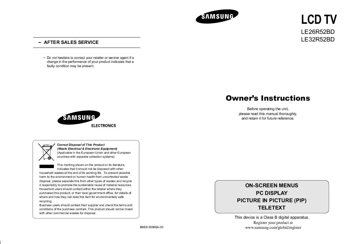 Mode d'emploi SAMSUNG LE26R52BD