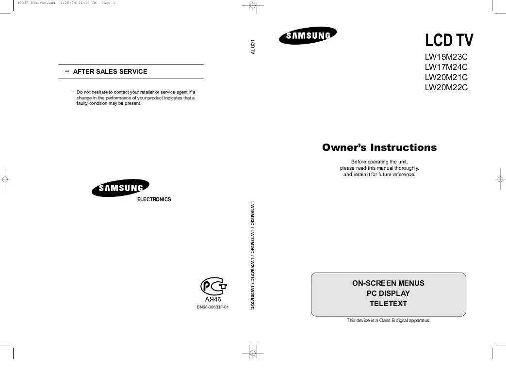 Mode d'emploi SAMSUNG LW-15M23C