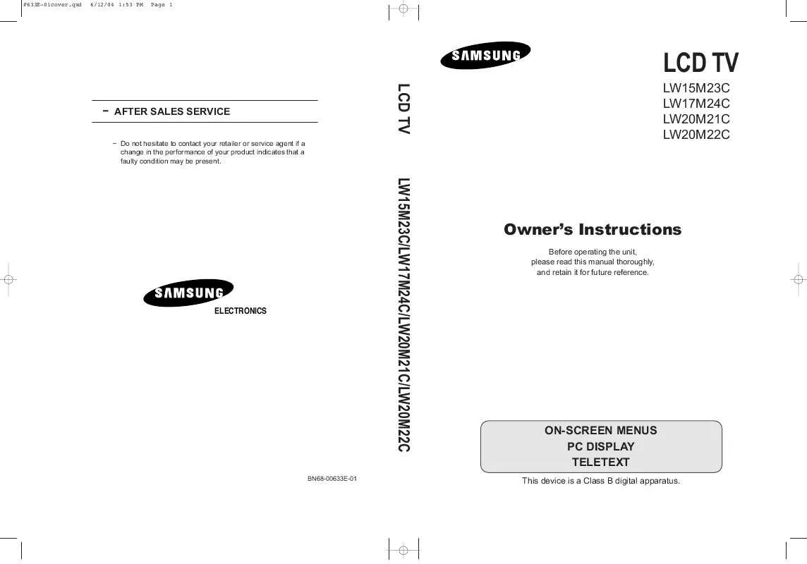 Mode d'emploi SAMSUNG LW-20M21C