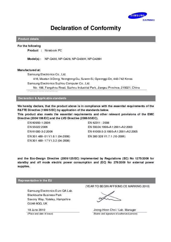 Mode d'emploi SAMSUNG NP-Q430E