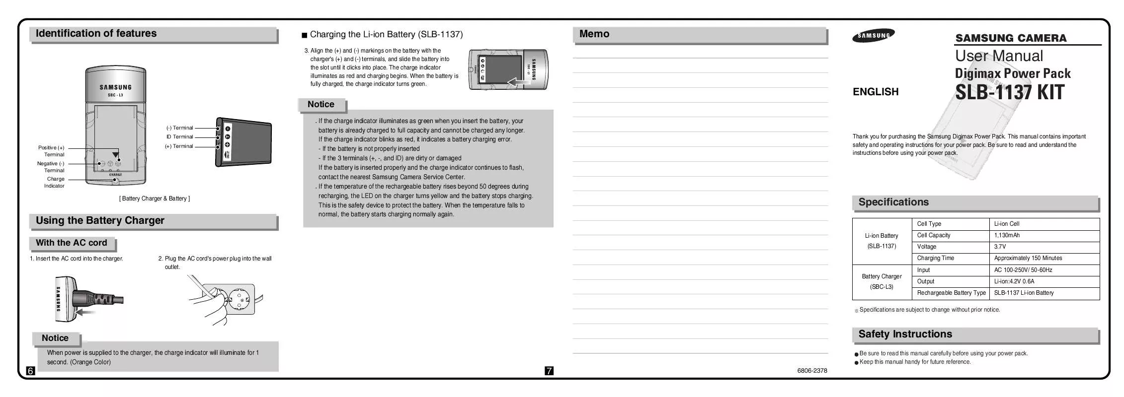 Mode d'emploi SAMSUNG SLB-1137 KIT