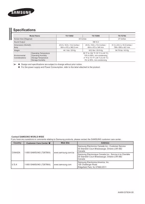 Mode d'emploi SAMSUNG TX-T2782