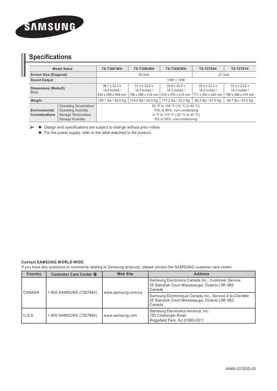 Mode d'emploi SAMSUNG TX-T2793H