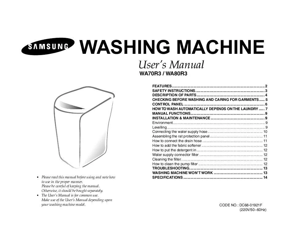 Mode d'emploi SAMSUNG WA95R3