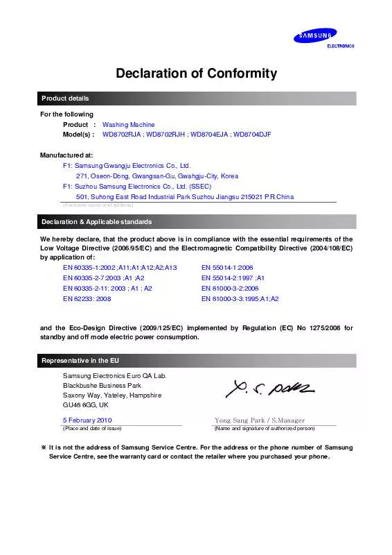 Mode d'emploi SAMSUNG WD8702RJA