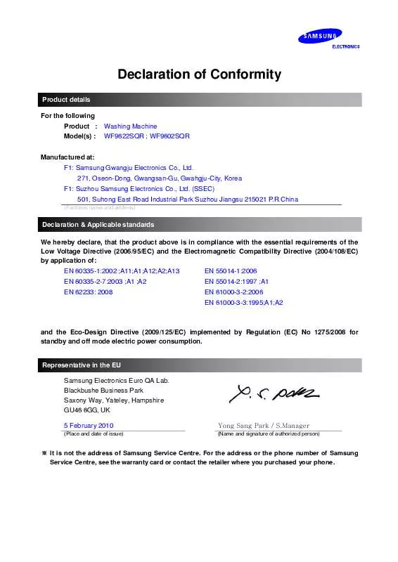 Mode d'emploi SAMSUNG WF9602SQR