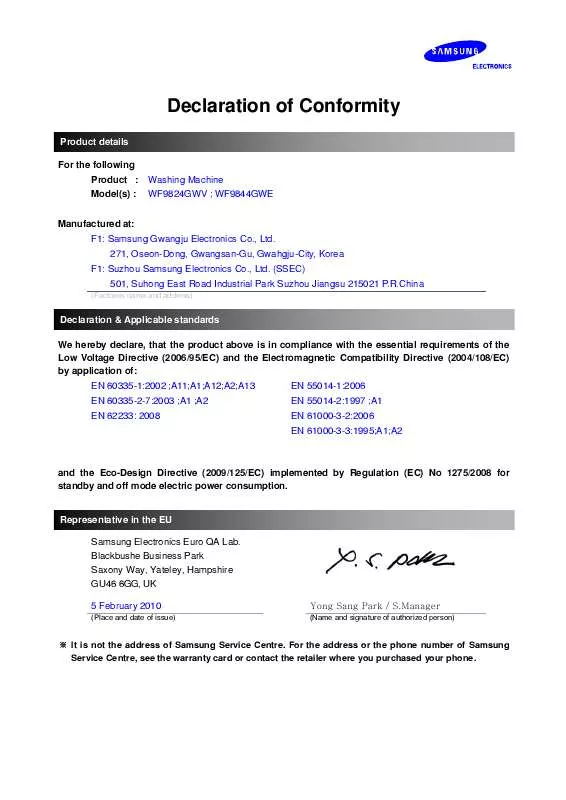 Mode d'emploi SAMSUNG WF9844GWE