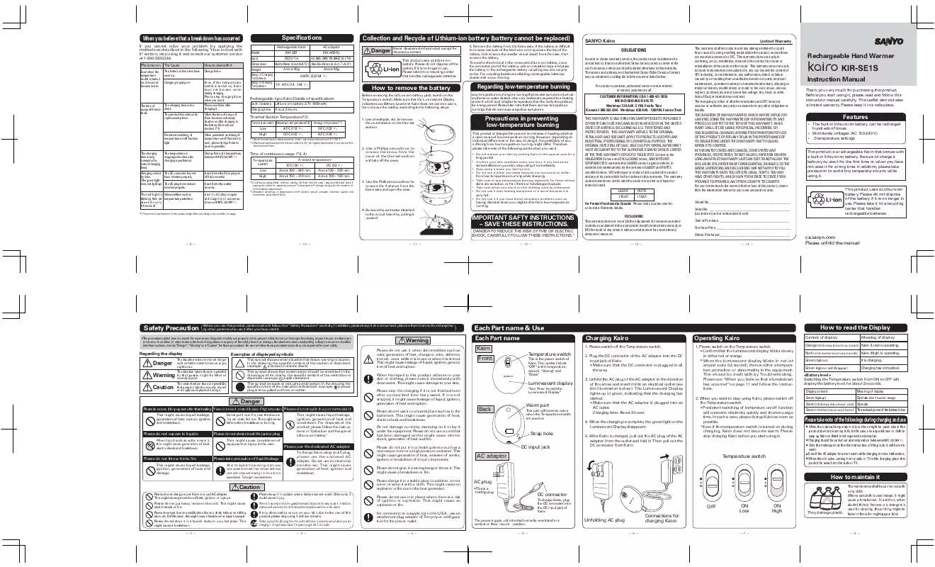 Mode d'emploi SANYO KIR-SE1SW