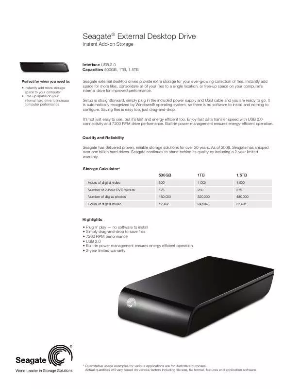 Mode d'emploi SEAGATE EXTERNAL DESKTOP DRIVE