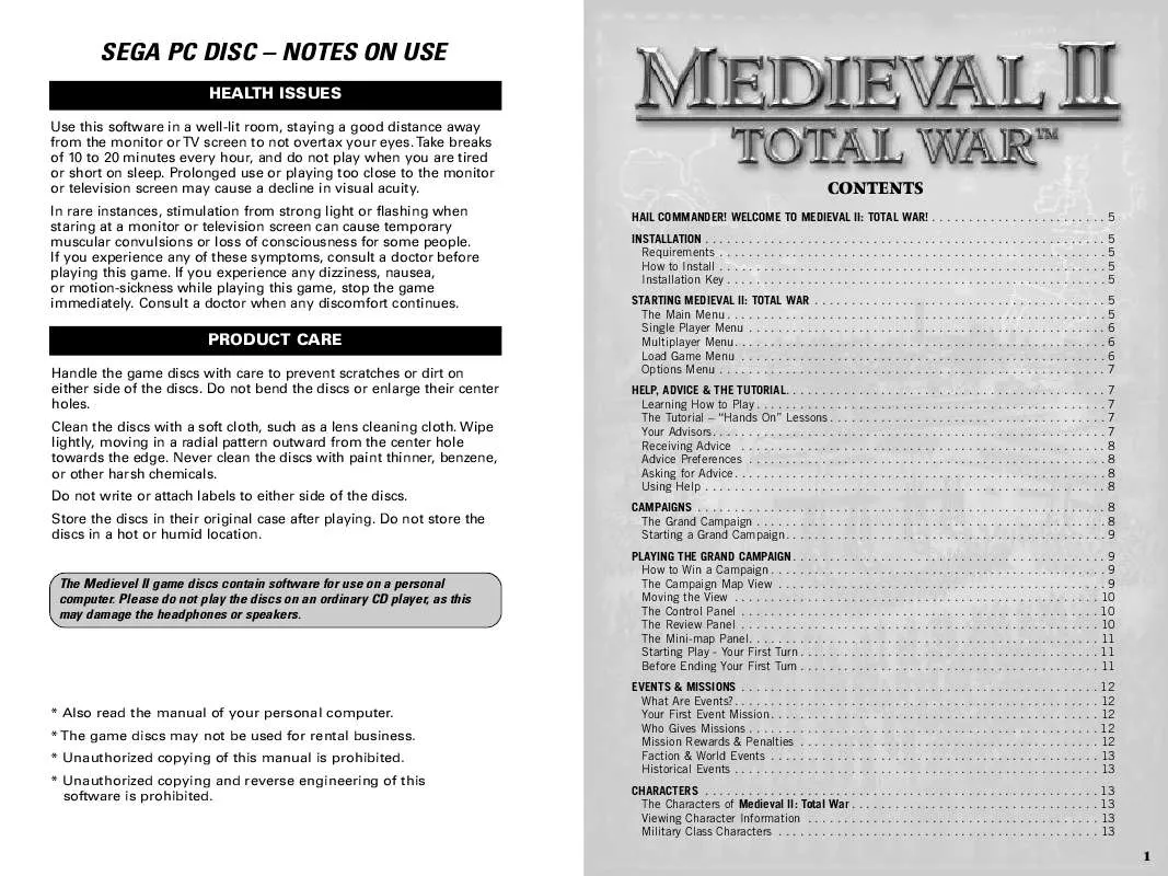 Mode d'emploi SEGA PC GAMES MEDIEVAL 2: TOTAL WAR