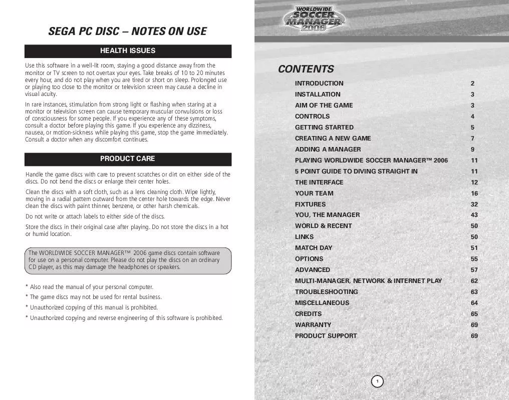 Mode d'emploi SEGA PC GAMES WORLD WIDE SOCCER MANAGER 2006