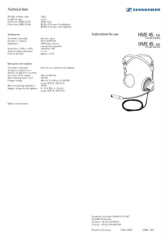 Mode d'emploi SENNHEISER HME 45-KA